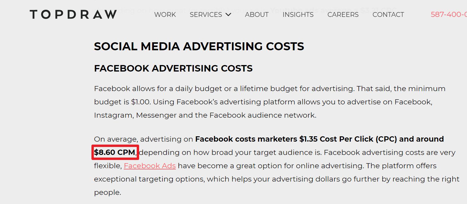 根據TOPDRAW網站分析，Facebook廣告平台的平均投放CPM大約是美金8.60元，換算新台幣約240.73元。